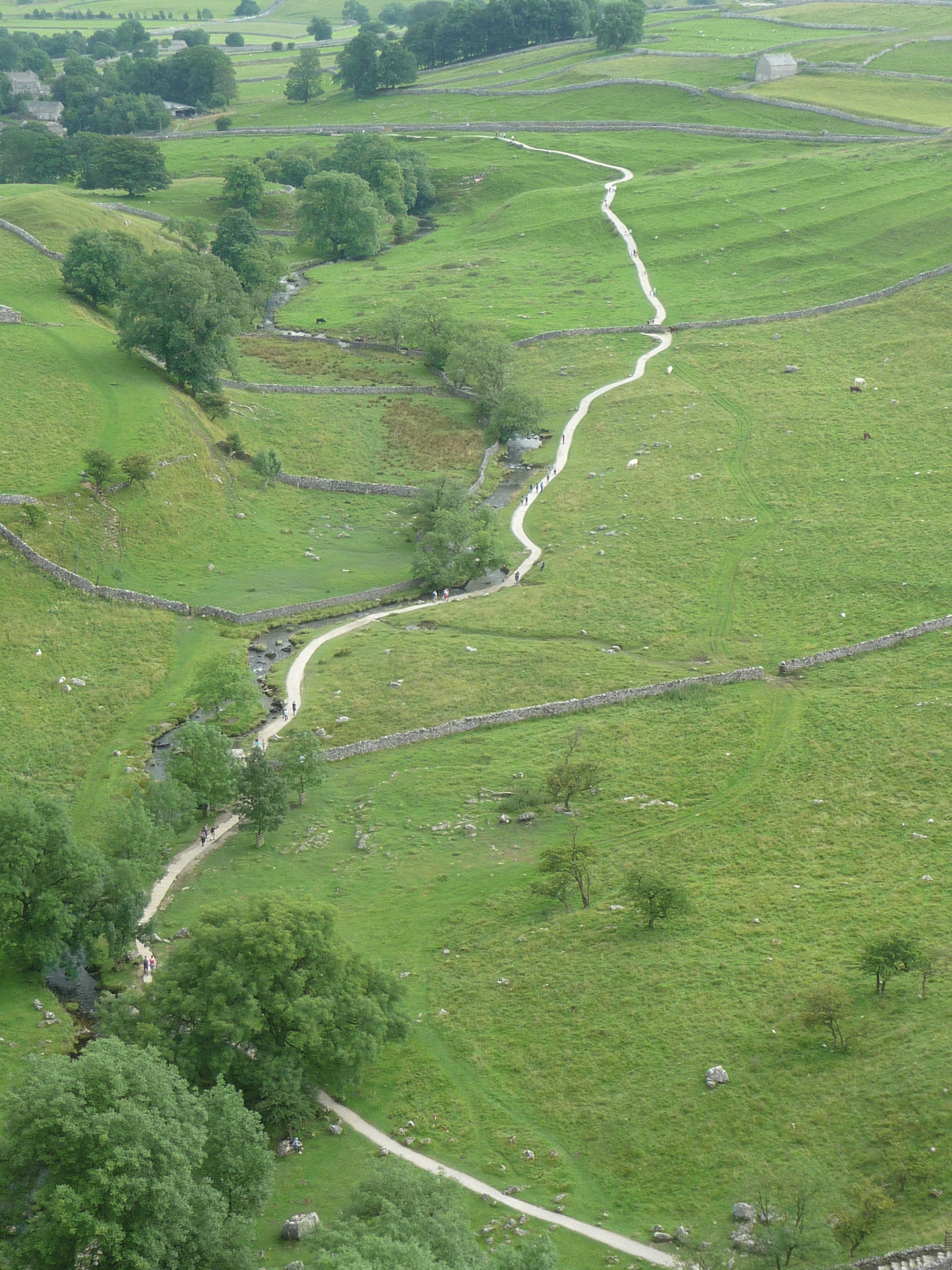 View over dry stone walls and fields from Malham Cove